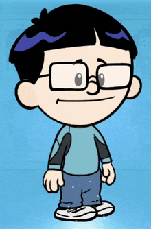 a cartoon boy wearing glasses and a blue shirt stands in front of a blue background