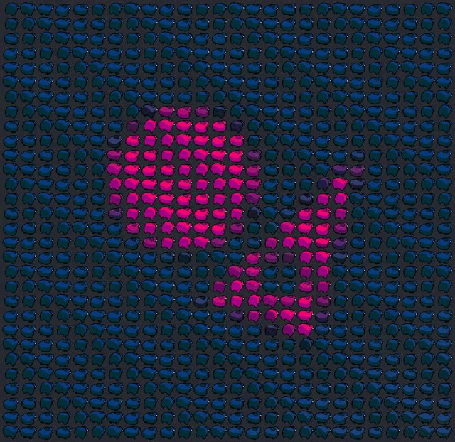 a grid of blue and purple dots with a pink dot in the middle