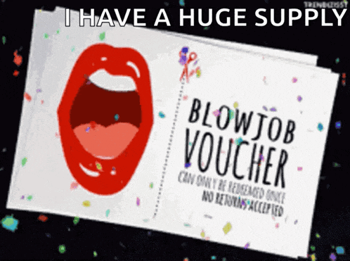 an advertisement for a blowjob voucher with a red mouth