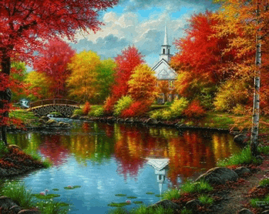 a painting of a church surrounded by colorful trees