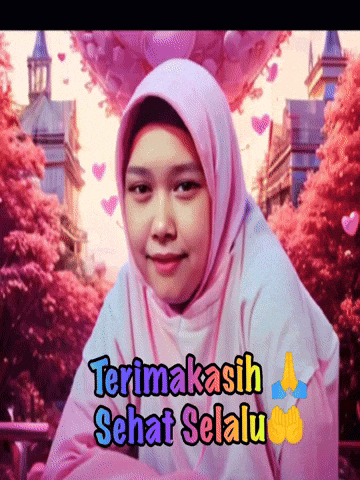 a woman wearing a pink hijab with the words terima kasih sehat selalu below her