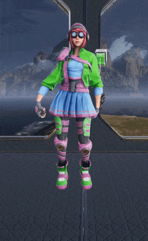 a girl in a green and pink outfit is holding a pink cube