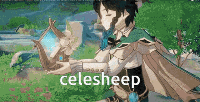 a cartoon character is holding a harp and the word celesheep is written on the bottom of the image .