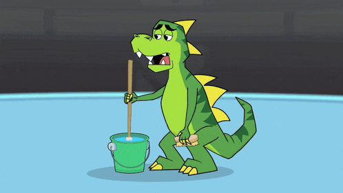 a cartoon of a green dinosaur holding a mop and bucket