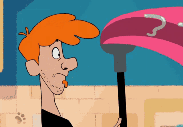 a cartoon of a man holding a mop with a pink object in his mouth