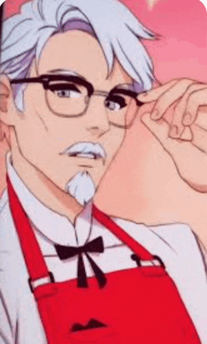 a man with a beard and glasses is wearing a red apron and adjusting his glasses .