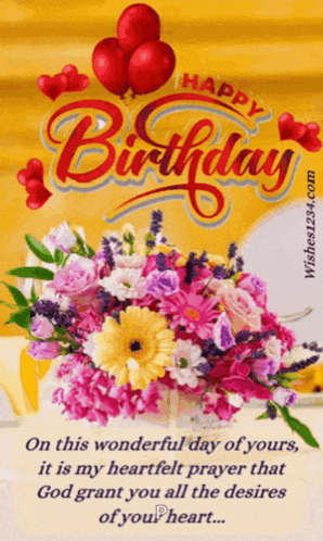 a happy birthday card with flowers and balloons
