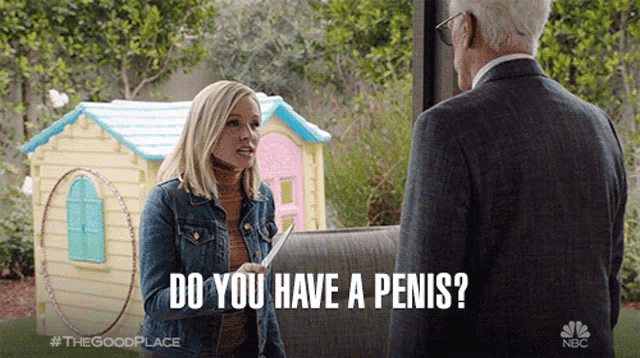 a woman asks a man if he has a penis in a scene from the good place