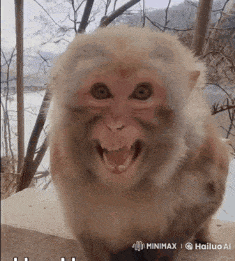 a close up of a monkey 's face with hailuo ai written on the bottom