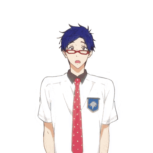 a boy with blue hair is wearing glasses and a red tie .