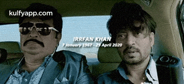 two men are sitting in a car with the words irrfan khan written on the bottom