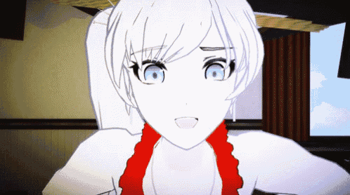 a girl with white hair and blue eyes is wearing a red top