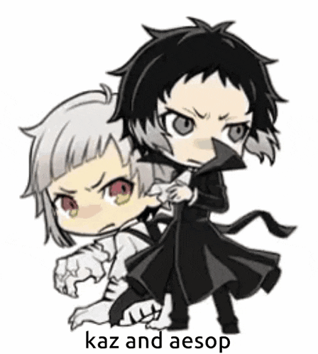 a couple of anime characters standing next to each other .