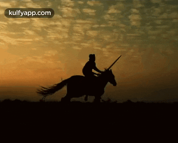 a silhouette of a person riding a horse with a sword in their hand .