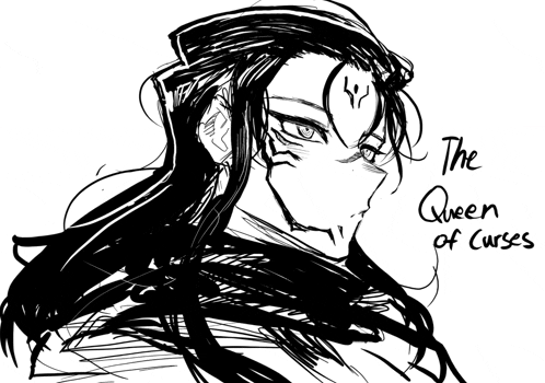 a black and white drawing of a woman with the words " the queen of curses " below it