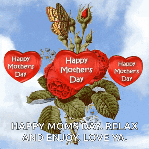a happy mother 's day card with a butterfly and red hearts