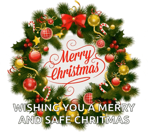 a christmas wreath with the words merry christmas wishing you a merry and safe chritmas