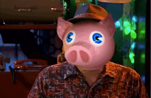 a man with a pig mask on his face
