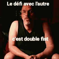 a man in a black tank top is sitting on a couch with the words le défi avec l' autre