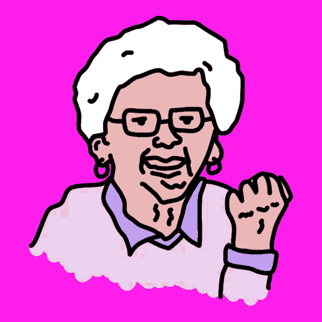 a cartoon drawing of an elderly woman with white hair and glasses