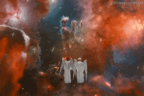 a painting of angels in a galaxy with the hashtag @itsscottiesstark at the bottom