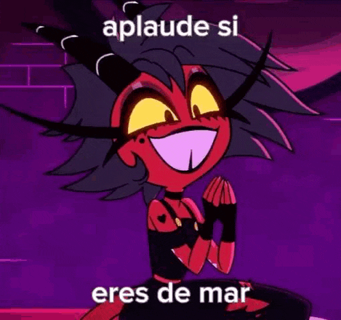 a cartoon character with horns and a purple background is sitting down and clapping .