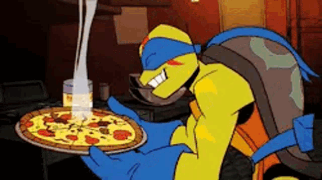a cartoon turtle is holding a pizza in his hands and pouring cheese on it .