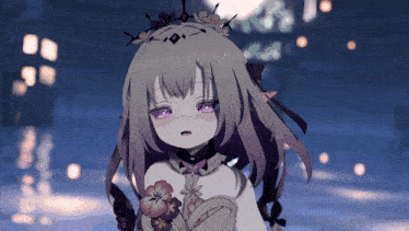 a girl with purple eyes is wearing a flower crown
