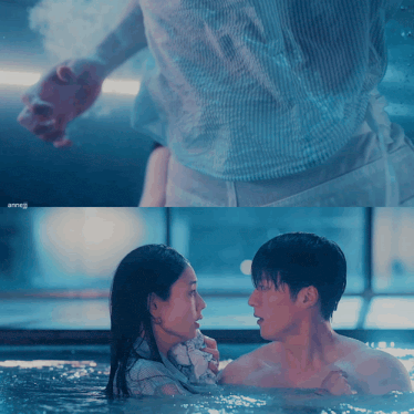 a man and a woman are holding hands in a pool with the letters annej on the bottom left