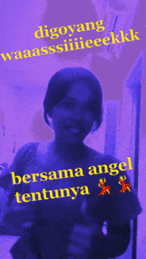 a woman in a purple background with the words bersama angel tentunya