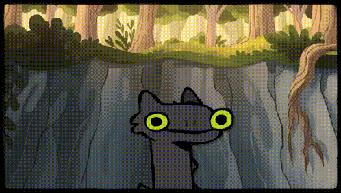 a cartoon drawing of a cat with yellow eyes