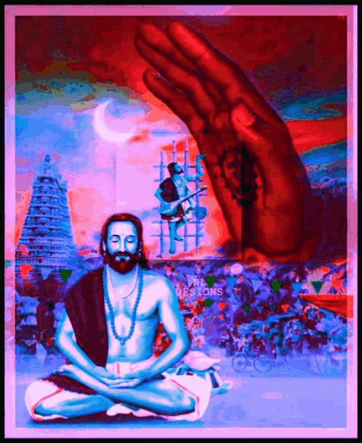 a painting of a man sitting in a lotus position with a giant hand behind him