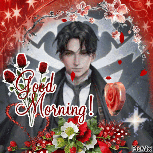a man in a suit and tie is surrounded by flowers and says good morning