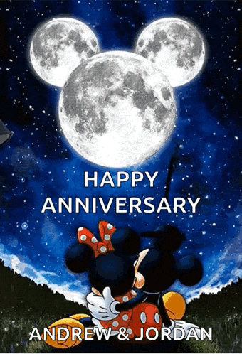 a poster with mickey mouse and minnie mouse hugging under a full moon
