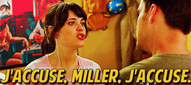 a woman wearing headphones talks to a man with the words j'accuse miller j'accuse on the bottom