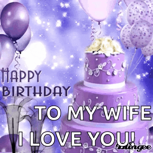 a purple birthday cake with the words happy birthday to my wife i love you written on it