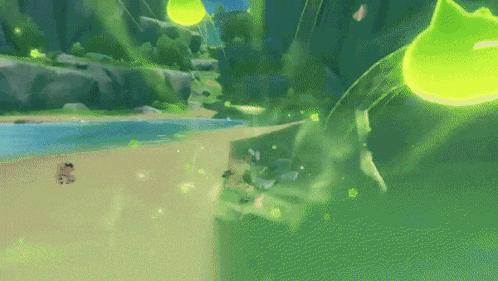 a person is standing on a beach in a video game surrounded by green plants and a large green object .