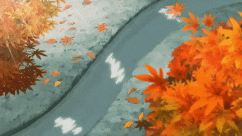 a painting of a river with leaves falling on the side