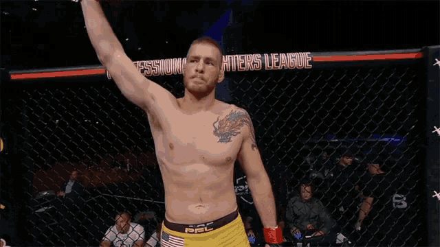 a man stands in front of a fighter 's league banner