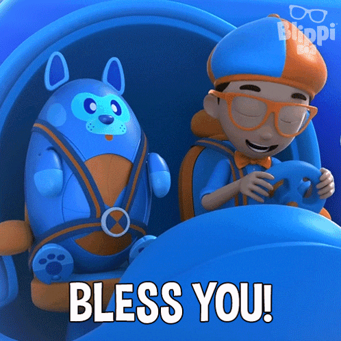 a cartoon character says " bless you " while driving a car