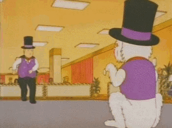 a cartoon shows a man in a top hat and a white bear