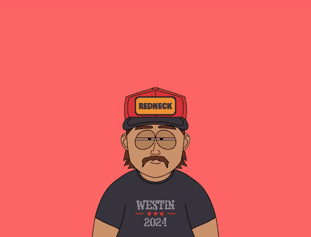 a man wearing a redneck hat and a westin 2024 t-shirt