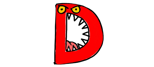 a cartoon drawing of the letter d with sharp teeth and yellow eyes