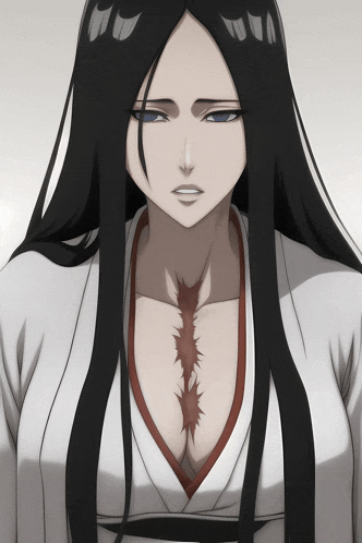 a woman with long black hair and a white shirt