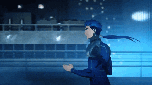 a man in a blue suit with a long blue ponytail is running