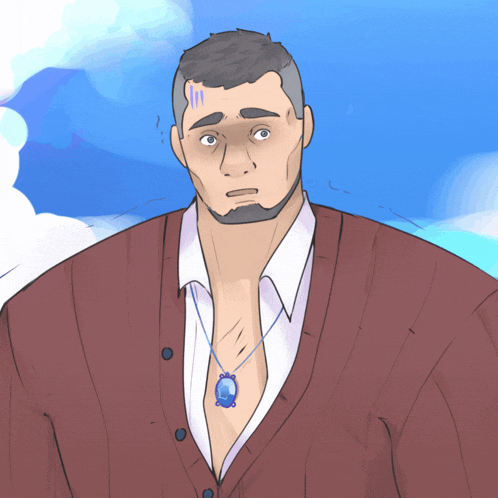 a cartoon of a man wearing a red cardigan and a blue necklace