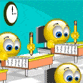 a group of cartoon smiley faces are sitting at desks in a classroom .