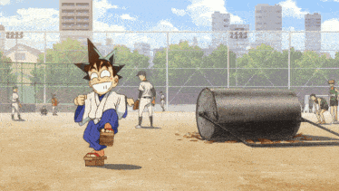 a cartoon of a boy standing next to a large barrel