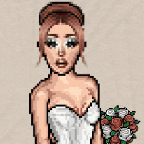 a pixel art of a woman in a white dress holding a bouquet of roses