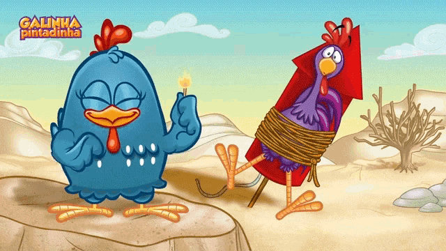 a cartoon of a chicken holding a lighter with the words galinha pintadinha on the top